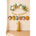 Mosby Safari Temalı 1 Yaş Doğum Günü Süsleme Seti Kış Yeşili Gold Balon Zinciri Hayvan Folyo Balon Happy Birthday Parti Seti