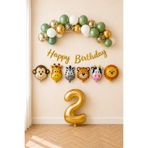 Mosby Safari Temalı 2 Yaş Doğum Günü Süsleme Seti Kış Yeşili Gold Balon Zinciri Hayvan Folyo Balon Happy Birthday Parti Seti