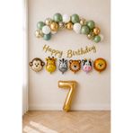 Mosby Safari Temalı 7 Yaş Doğum Günü Süsleme Seti Kış Yeşili Gold Balon Zinciri Hayvan Folyo Balon Happy Birthday Parti Seti