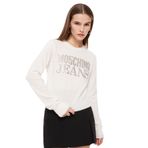 Moschino Jeans Beyaz Kadın Bisiklet Yaka Baskılı Sweatshirt, Beyaz, L