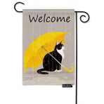 Moslion Kedi Bahçe Bayrakları Çift Taraflı Siyah Kedi Yağmur Avlusunda Sarı Şemsiye Tutan Bayrak 30,4 x 45,7 cm Çuval Bezi Afişleri Ev Dekoratif Dış Mekan Villa