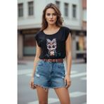 Mossta Sıfır Kol V Yaka Baykuş Baskılı Viskon Bluz - Siyah - L - XL
