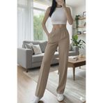 motina Trendgoal Kadın Bol Paça Düğme Detaylı Yüksek Bel Kumaş Wide Leğ Pantolon(Trendgoal)