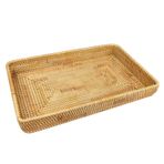 MOTUZP Rattan tepsi el dokuma sepet ekmek hizmet sepeti rattan hizmet tepsi kolları ile el dokuma dekoratif tepsi için kahvaltı içecekler aperatif yemek için sehpa(L)