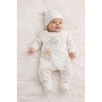 Mou&kou %100 Organik Pamuk Patikli Bebek Tulum Seti – Kuzu Desenli, Şapkalı, Aylık - Beyaz - 6-9 M