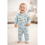 Mou&kou %100 Pamuk Penye Erkek Bebek Pijama Takımı – Önden Çıtçıtlı Uzun Kollu Mevsimlik - 9-12M - Turkuaz
