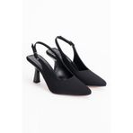 moun shoes Kadın Siyah Saten Stiletto Sivri Burun Arkası Açık Topuklu Ayakkabı 9 cm