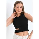 Moviment Kadın Siyah Yan Bel Detaylı Vücuda Oturan Crop Fitilli Esnek Atlet - XS