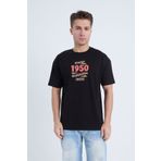 Moxe Collection Erkek Oversize Baskılı Tişört Siyah Vintage 1950