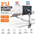 Moxti Monitör & Ledtv & Laptop Için 2’li Full Hareketli Çelik Masa Tutucu Ayarlanabilir Stand - Gri
