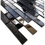MozaiKristaL Mutfak Tezgah Arası ve Iç Dekorasyon Için 23X98X4 mm Simli Siyah ve Gümüş Krom Mix. Kristal Cam Mozaik - Cam ölçüleri: 23x98x4 mm. - File Karo ölçüsü: 30x30 cm