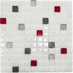 MozaiKristaL Tüm Yüzeyler Için 25X25MM. Beyaz-Siyah Simli-Gümüş Simli-Kırmızı Simli, 31,5X31,5CM. Fileli Cam Mozaik ve Kristal Mozaik Mix. - Mozaik ölçüleri: 25x25mm. - File Karo ölçüsü: 31,5x31,5cm. - Renkli