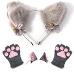 Mr.Fashion Kürklü şaşırtıcı kedi Cosplay kostümü - Cadılar Bayramı kedi kulak kafa bandı, kedi pençe eldivenleri ve kedi kuyruğu aksesuarları (7'li dört parçalı set)
