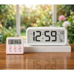 Mr LED Ekranlı Dijital Masa Saati & 2 Alarm Kademeli Kronometre Seti – Alarm, Tarih, Sıcaklık Göstergeli Modern Masa Saat Seti - Pembe