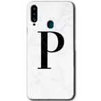 MRCİLETİSİMmrc-75709 Beyaz Mermer Desenli P Harfi Kılıf HD Baskılı Desen Hayalet Cam Yandan Görünmez Samsung Galaxy A20s ile uyumlu