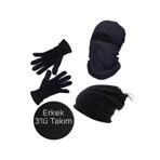 Mrey Erkek Siyah Kışlık Termal Polar Eldiven - Kar Maskesi Motorcu Kask - Ipli Bere Boyunluk 3'lü Set