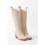 MS SUGAR SHOES Kadın Suni Süet Bej Nakışlı Western Kovboy Cowgirl Bot Çizme