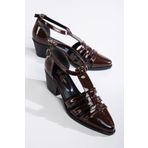 MS SUGAR SHOES Vintage Esintili Suni Rugan Tokalı Hasır Desenli Topuklu Ayakkabı
