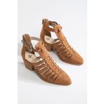 MS SUGAR SHOES Vintage Esintili Taba Renk Tokalı Hasır Desenli Topuklu Ayakkabı