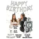 Msda Happy Birthday Doğum Günü Seti Siyah Gri Balon Set Kadın Erkek Kız Çocuk Parti Süsleri