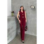 Msm Fashion Kadın Alt Üst Takım Şık Düğme Detaylı Yelek Pantolon Ikili Takım - 38 - Bordo