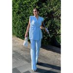 msm fashion Kadın Bebe Mavisi Kolsuz Yelek Blazer ve Geniş Paçalı Pantolon Takım