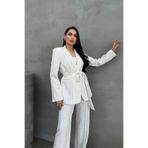 msm fashion Kadın Çizgili Kuşaklı Blazer Ceket ve Pantolon Takım Beyaz