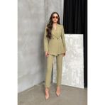 Msm Fashion Kadın Ikili Blazer Ceket Pantolon Takım Pile ve Düğme Detaylı Boru Paça - 36 - Açık Haki