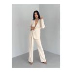 msm fashion Kadın İkili Kuşaklı Blazer Ceket Pantolon Takım Bej