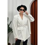 Msm Fashion Kadın Oversize Blazer Ceket Çizgili Kuşaklı Omuz Detaylı - Beyaz - 40