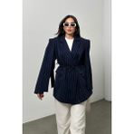Msm Fashion Kadın Oversize Blazer Ceket Çizgili Kuşaklı Omuz Detaylı - Beyaz - 42