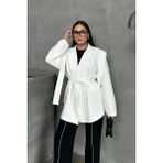 Msm Fashion Kadın Oversize Blazer Ceket Kuşaklı Omuz Detaylı - Beyaz - 38