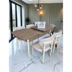 Msy Home 4 Kişilik Lina Krem Kumaş 80*130 Antik Çam Açılır Masa Sandalye Seti (Modern Seri)Krem Iskelet