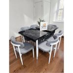 Msy Home 6 Kişilik Lina A.gri Kumaş 80*130 Siyah Mermer Açılır Masa Sandalye Seti (Modern Seri)Beyaz Iskelet - Açık Gri