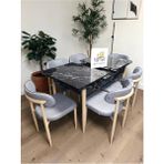 Msy Home 6 Kişilik Lina A.gri Kumaş 80*130 Siyah Mermer Açılır Masa Sandalye Seti (Modern Seri)Krem Iskelet - Açık Gri