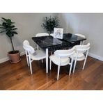 Msy Home 6 Kişilik Lina Beyaz Kumaş 80*130 Siyah Mermer Açılır Masa Sandalye Seti (Modern Seri)Beyaz Iskelet