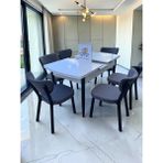 Msy Home Alva 6 Kişilik Yemek Masası Takımı Baby Face Kumaş Beyaz 80X130 cm Mdf Masa Siyah Iskelet Modern ve Şık - Gri