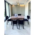 Msy Home Alva 6 Kişilik Yemek Masası Takımı Baby Face Kumaş Çam 80X130 cm Mdf Masa Siyah Iskelet Modern ve Şık