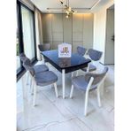 Msy Home Alva 6 Kişilik Yemek Masası Takımı Baby Face Kumaş Siyah Mermer 80X130 cm Mdf Masa Beyaz Iskelet Modern ve Şık - A.Gri