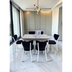 Msy Home Alva 6 Kişilik Yemek Masası Takımı Baby Face Kumaş Traverten 80X130 cm Mdf Masa Beyaz Iskelet Modern ve Şık - Siyah