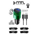 MTL Araç Şarj Aleti Çakmaklık 38W Lightning |Type-C + USB Çift Portlu - Qualcomm QC 4.0 Desteği MT-A1834 Yeşil ile uyumlu