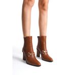 Mubiano Collection Kadın Metal Tokalı Lastik Detaylı Topuklu Kısa Hakiki Deri Bot Taba - Mcalm2262 - Tb, Taba, 40