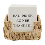 Mud Pie Thankful Kireç Taşı Bardak Altlığı ve Tutucu Seti, Beyaz, 10 cm Çap