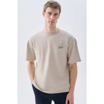 Mudo Erkek Taş Rengi Nakışlı Oversize Bisiklet Yaka T-Shirt