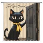 MUENKKCS Komik Siyah Kedi Duş Perdesi Kaka Yapıyorsunuz Soyut Kedi Sarı Fiyonklu Retro Kapı Güzel İlginç Sevimli Evcil Hayvan Vahşi Hayvanlar Banyo Dekoru Kancalı Perde, 70 G x 70 L