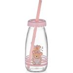 Muf Home Sleepy Bear Sütlük 250ML Cam Pipetli Içecek-Süt Şişesi Ayıcık Figürlü Pipetli Cam Süt Şişesi - Pembe