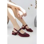 Muggo Gigi Bordo Arkası Açık Küt Burun Çift Kemerli Kadın Günlük Klasik Kısa Topuklu Ayakkabı