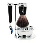 Mühle Rytmo Tıraş Seti - Kase, Siyah Elyaf Fırça, Gillette Bıçaklarıyla Uyumlu Tıraş Makinesi, Stand, Değerli Reçine Saplar