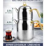 Muhtelif Lines Ayperi L-3040 Mega Boy Çaydanlık No:10 Paslanmaz Çelik Büyük Boy Çaydanlık Takımı 2.5 L + 4.5 L Gold Saplı - Gri