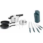 Muhteşem 4lü Fissler 4,5lt Glossy Düdüklü Tencere+Buharda Pişirme Aparatı+Fissler Cenit Pan 2\'li Tava Seti - 24-28 Cm+Karaca Proofcut Green 6 Parça Standlı Bıçak Seti Açık Gri - 4,5 L